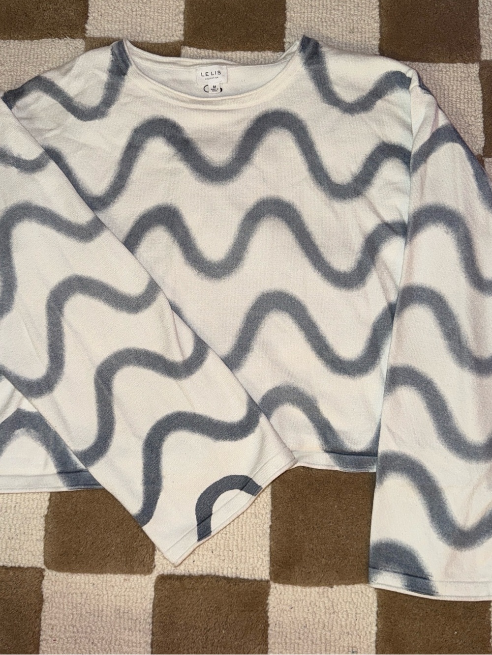 Le Lis White Crewneck Sweater with Blue Wave Pattern